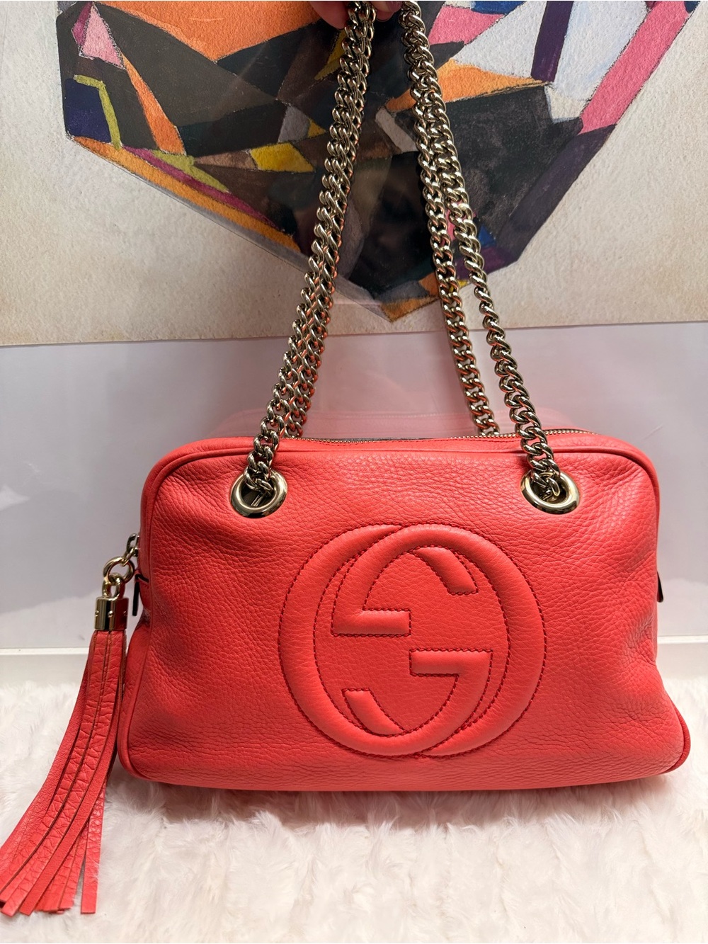 GUCCI-308983 520981 Soho Double Chain Begonia Leather Shoulder Bag